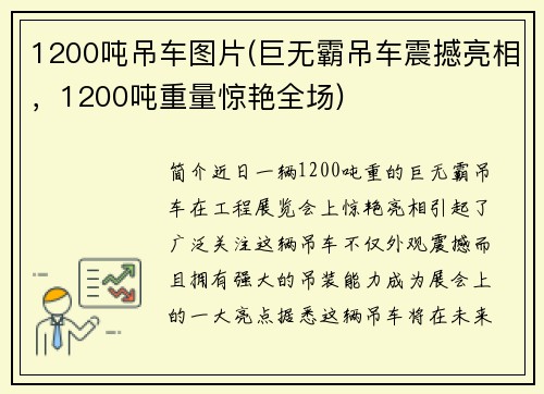 1200吨吊车图片(巨无霸吊车震撼亮相，1200吨重量惊艳全场)